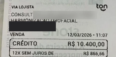 Comprovante de venda de R$ 10.400 parcelado em 12x, referente a uma consulta de harmonização orofacial